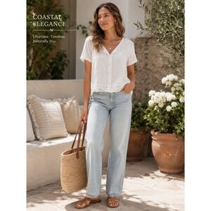 Orvis Women's Large Ivory Eyelet Blouse Romantic Coastal Button Front Rayon